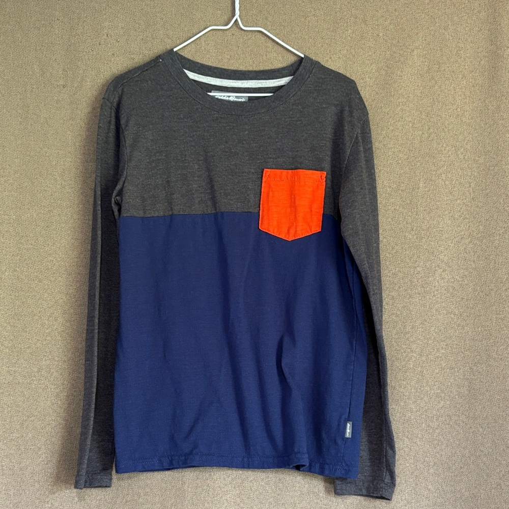 Kids Eddie Bauer Charcoal and Navy Long Sleeve Tee Bright Orange Pocket Size 10